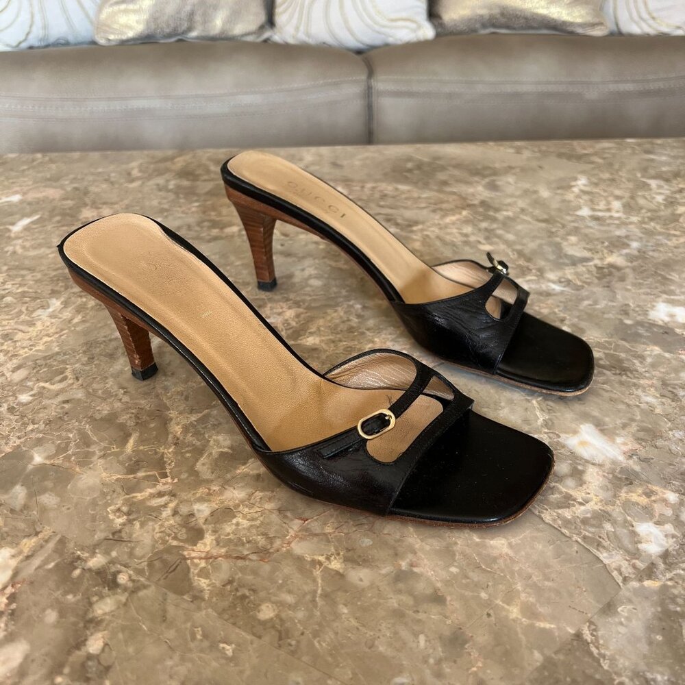 Black Gucci Leather Slide Mule Heels Size 7.5